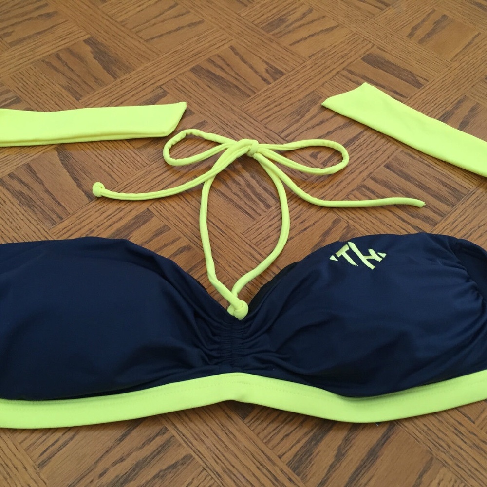 (NWT) Tommy Hilfiger Core Navy/Yellow Bandeau/Halter Ruched Bikini Top Sz M
